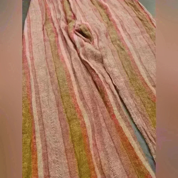 DREW Wide Split Leg Strapless Striped Linen Blend Romper - Picture 11 of 12
